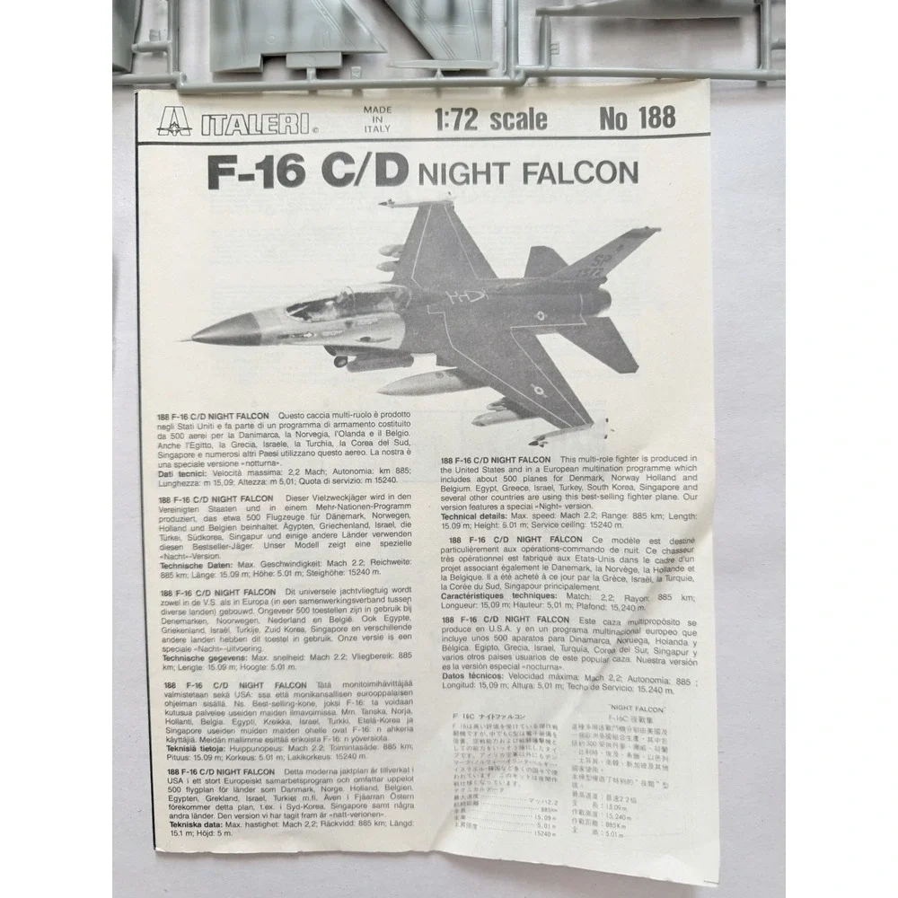 Italeri F-16 C/D Night Falcon 1:72 Scale Model Kit No 188 Vintage Open Box